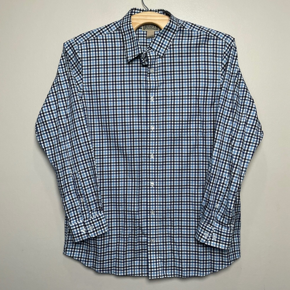 Duluth Trading Co Button Down Shirt Mens 2XL Tall Trim Fit Blue Plaid Cotton EUC